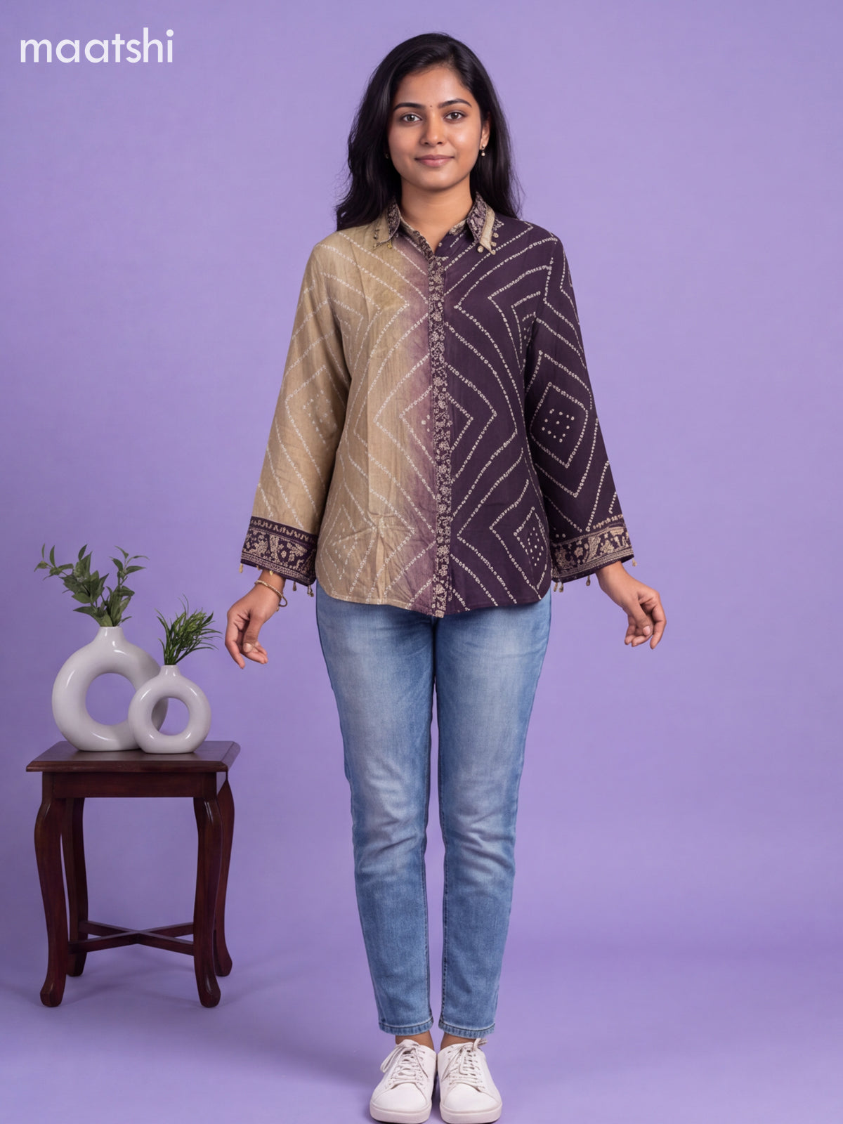 Dark Purple and Beige Crepe Silk Bandhani Printed Women Shirt