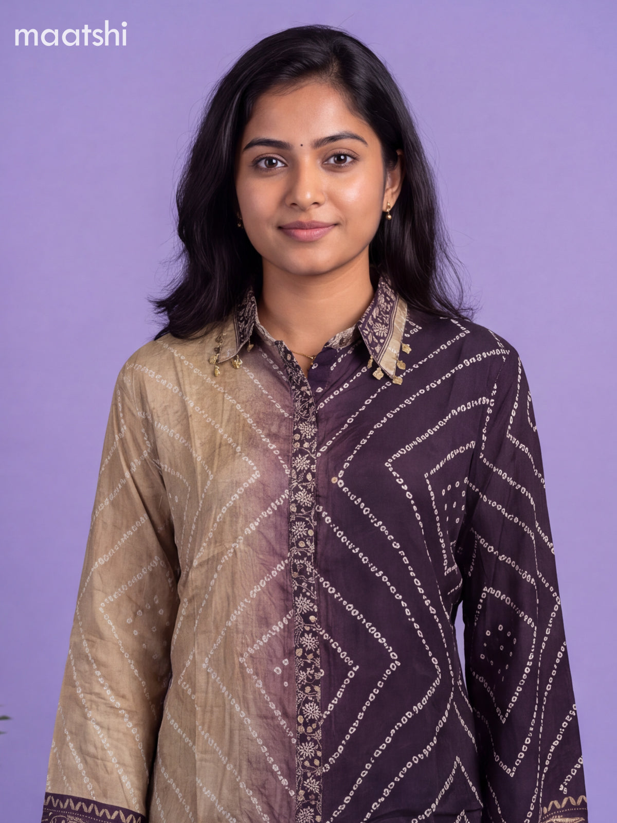 Dark Purple and Beige Crepe Silk Bandhani Printed Women Shirt