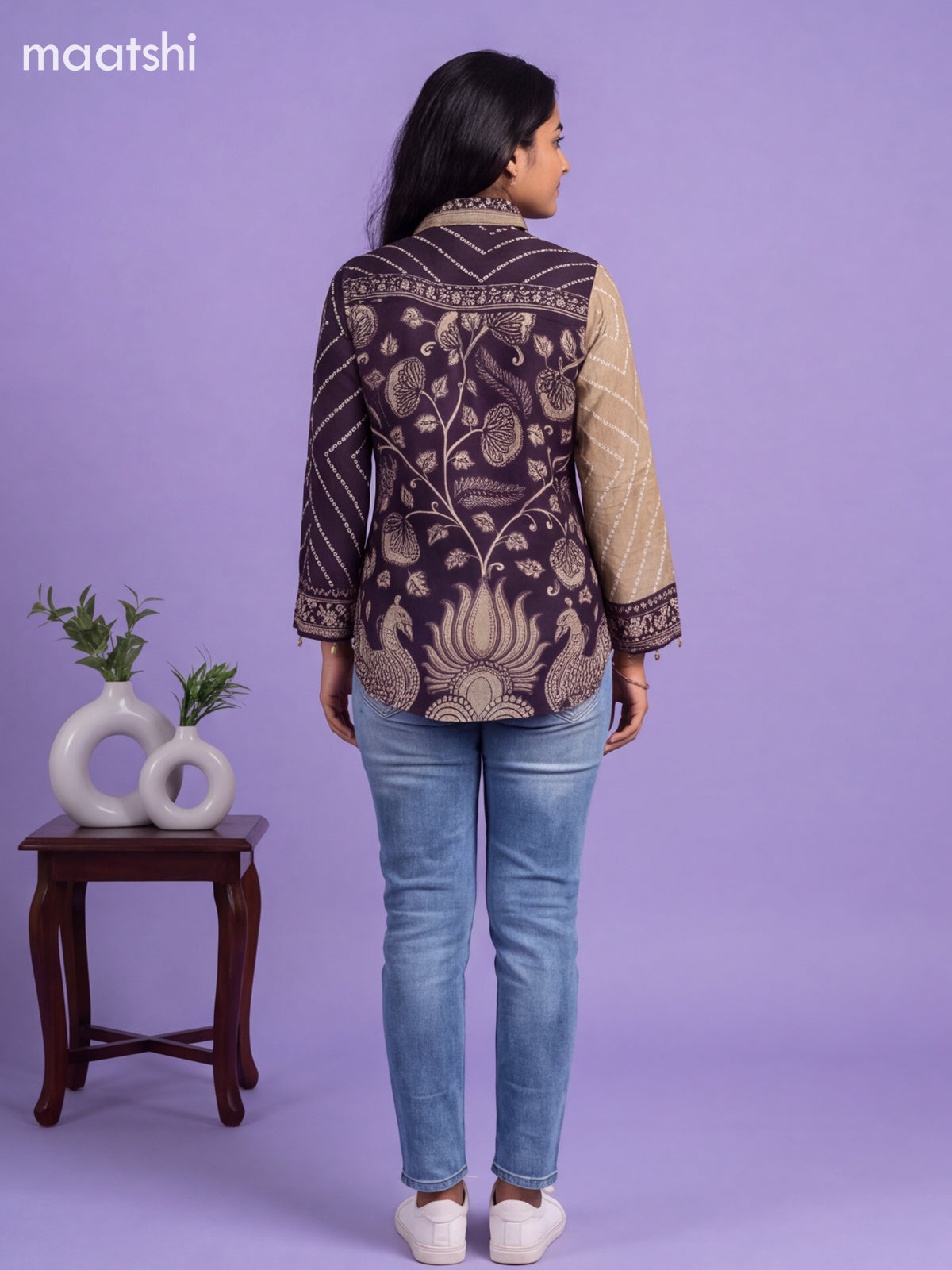 Dark Purple and Beige Crepe Silk Bandhani Printed Women Shirt