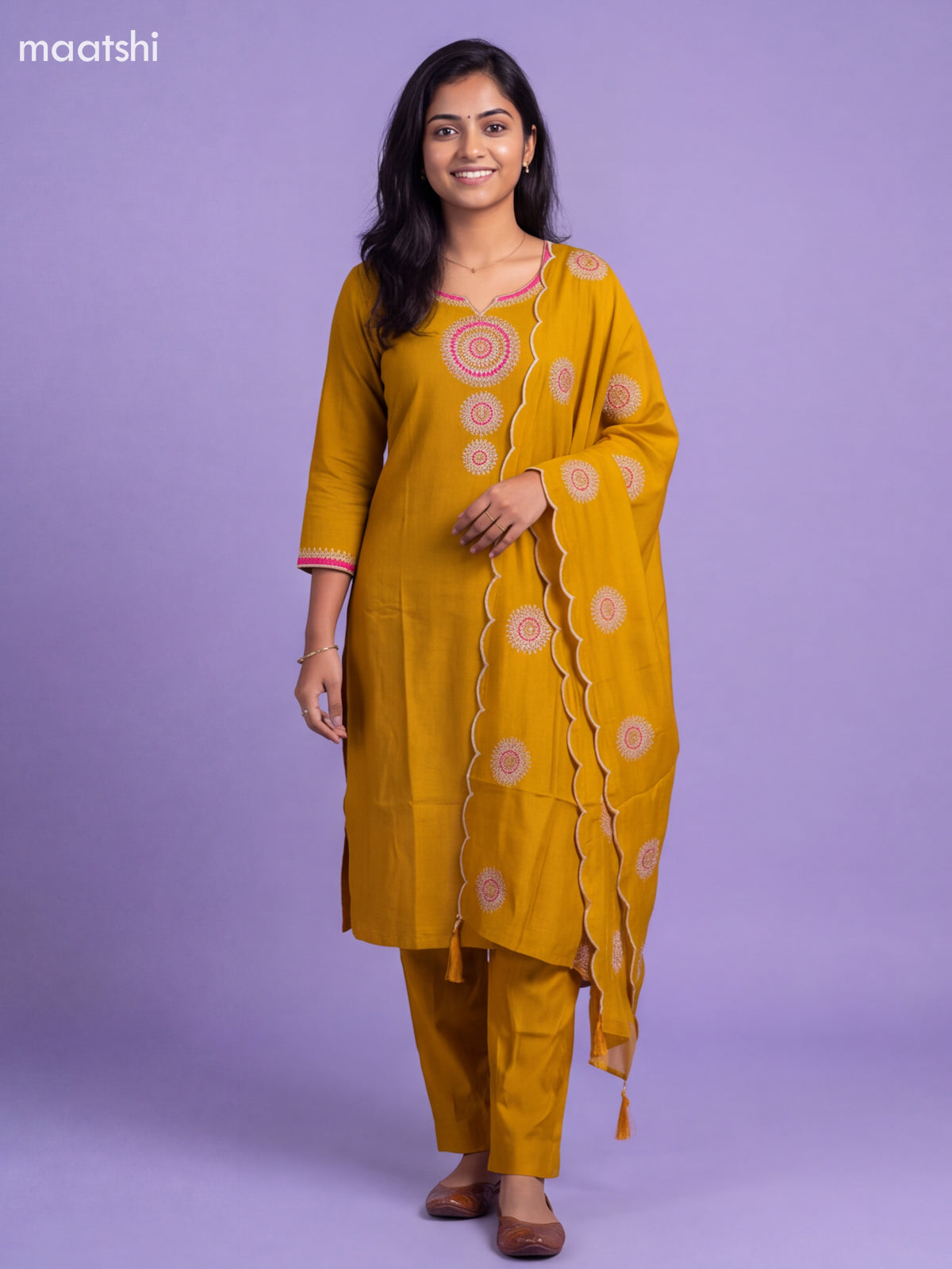 Mustard Yellow Mul Chanderi Embroidery Work Straight Suit