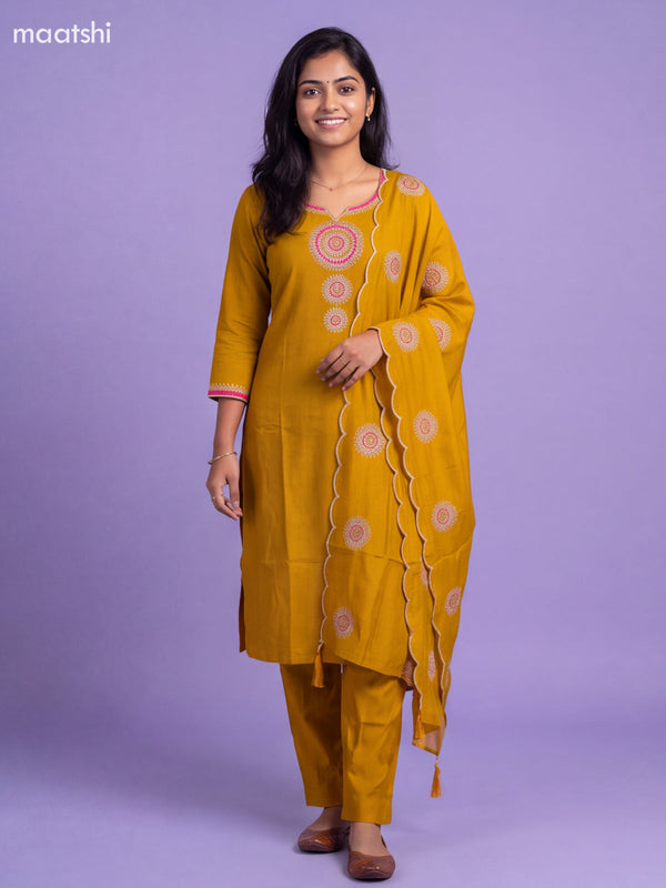 Mustard Yellow Mul Chanderi Embroidery Work Straight Suit