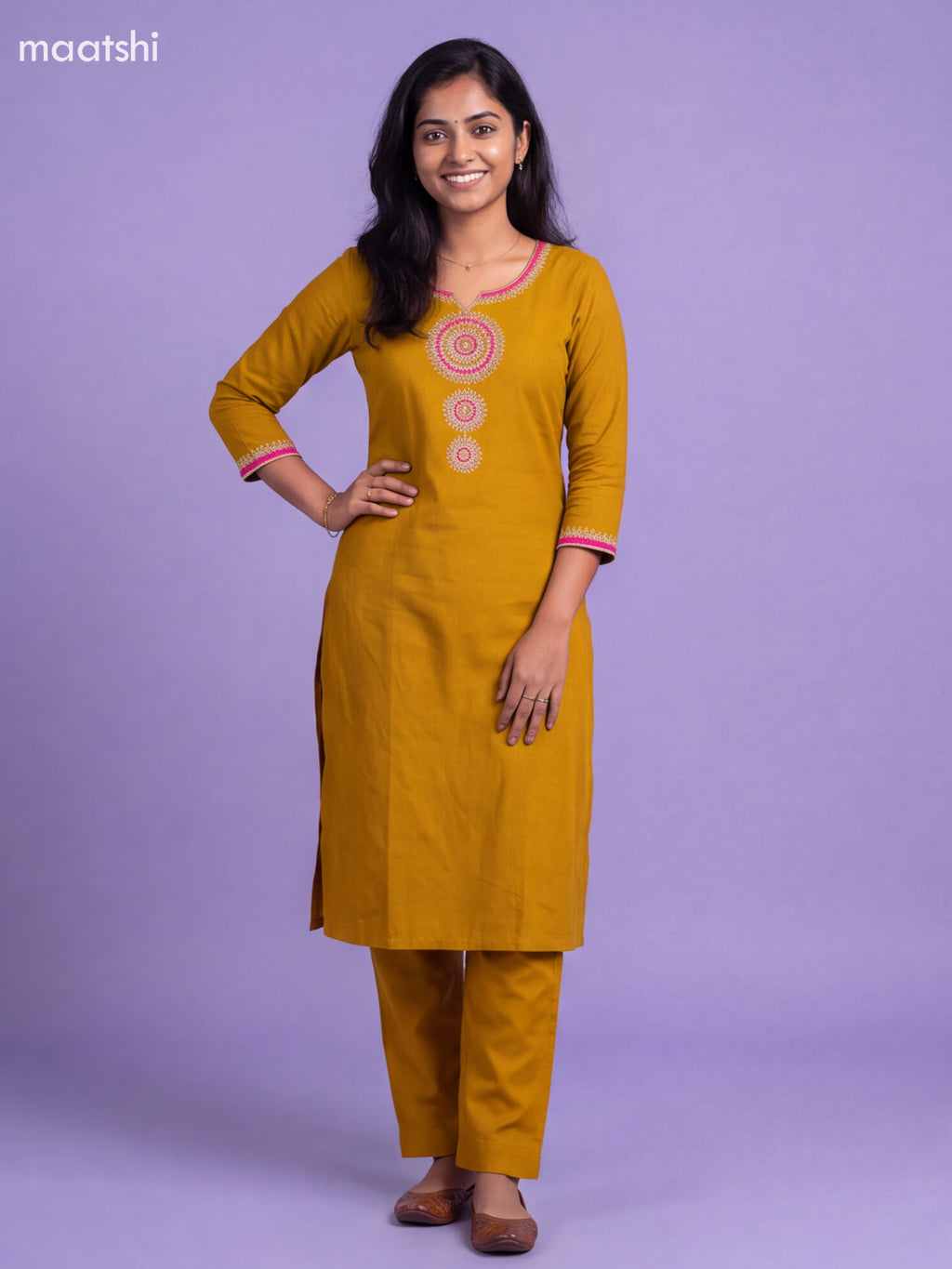 Mustard Yellow Mul Chanderi Embroidery Work Straight Suit