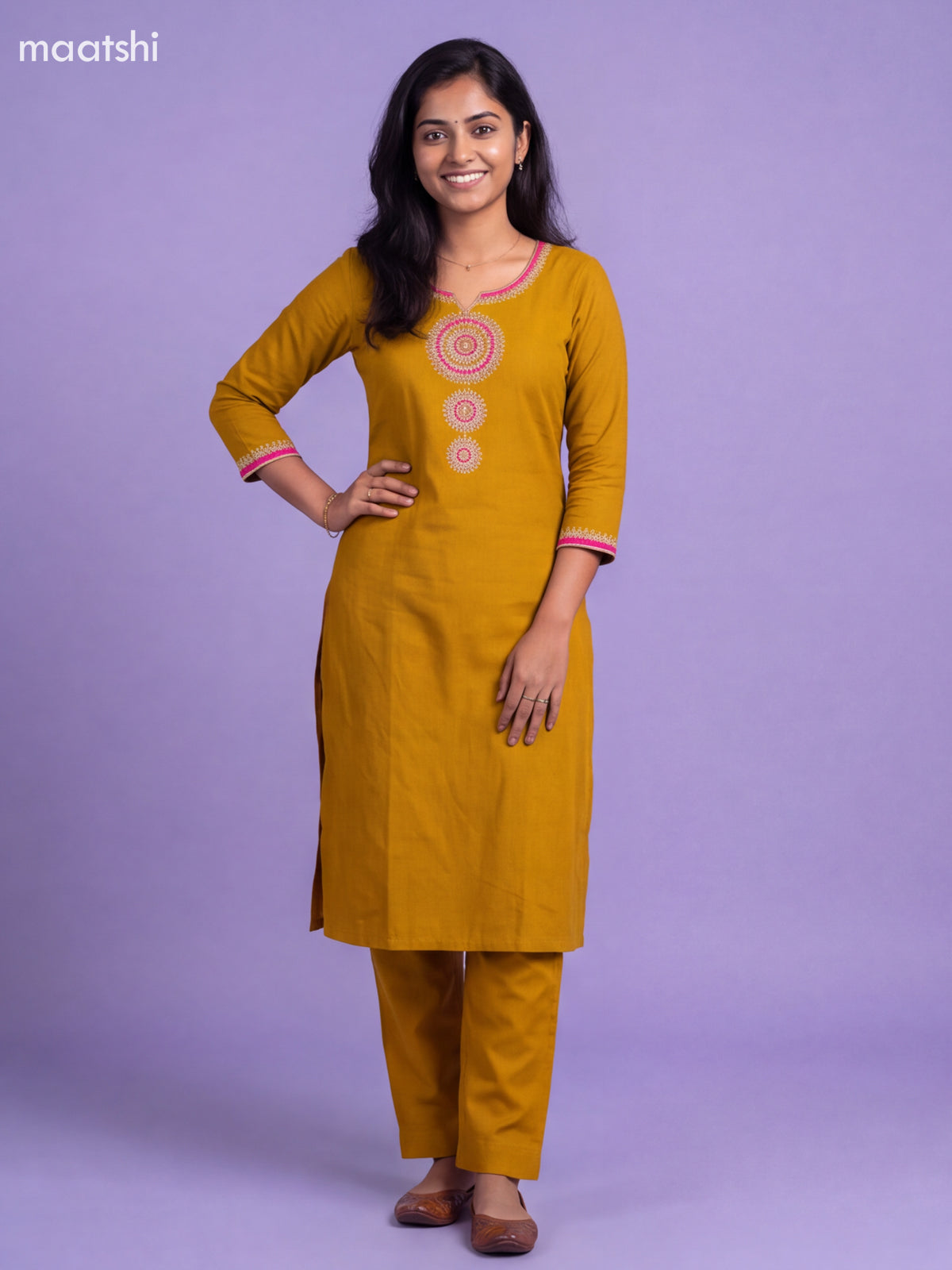 Mustard Yellow Mul Chanderi Embroidery Work Straight Suit