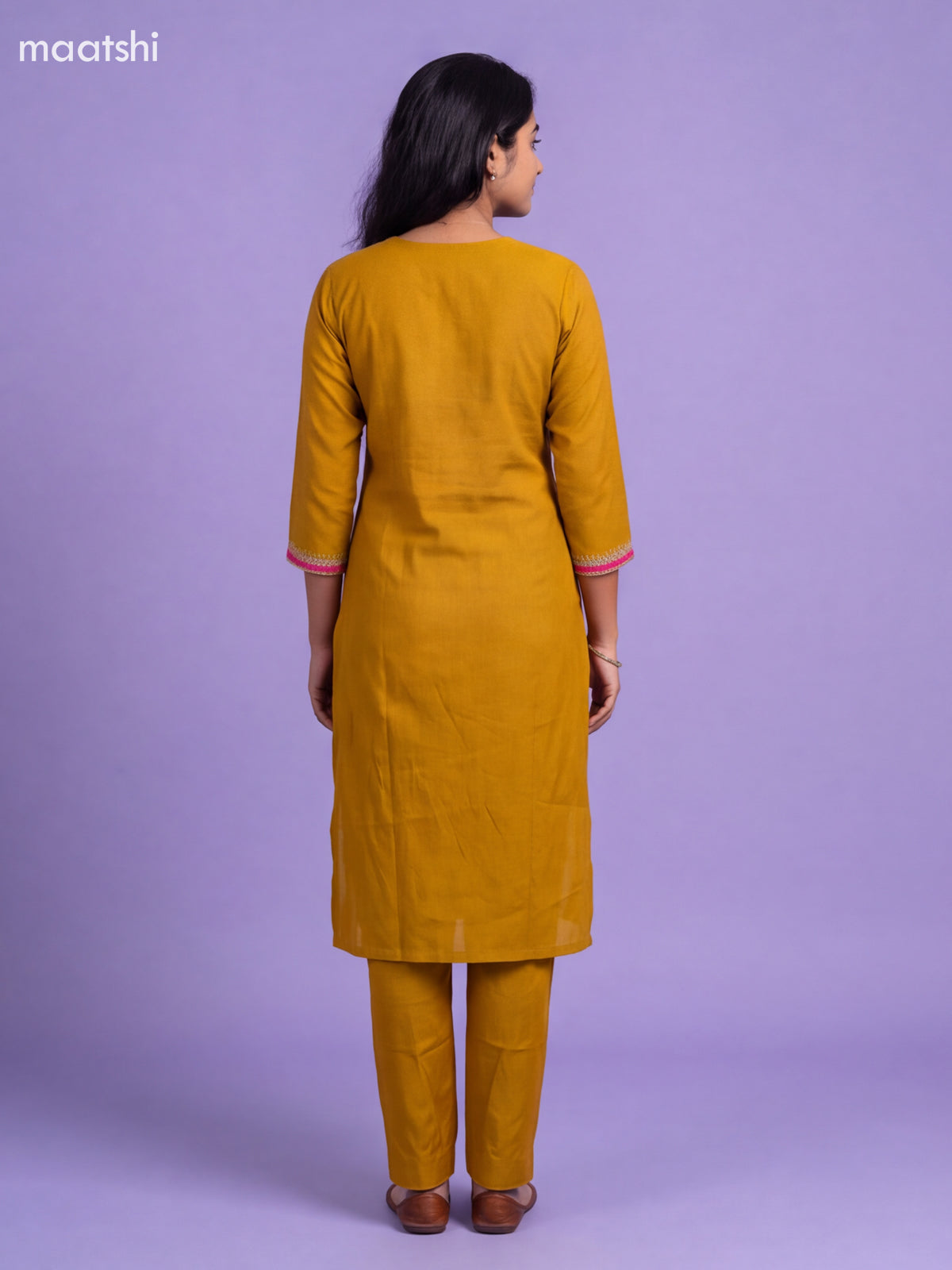 Mustard Yellow Mul Chanderi Embroidery Work Straight Suit