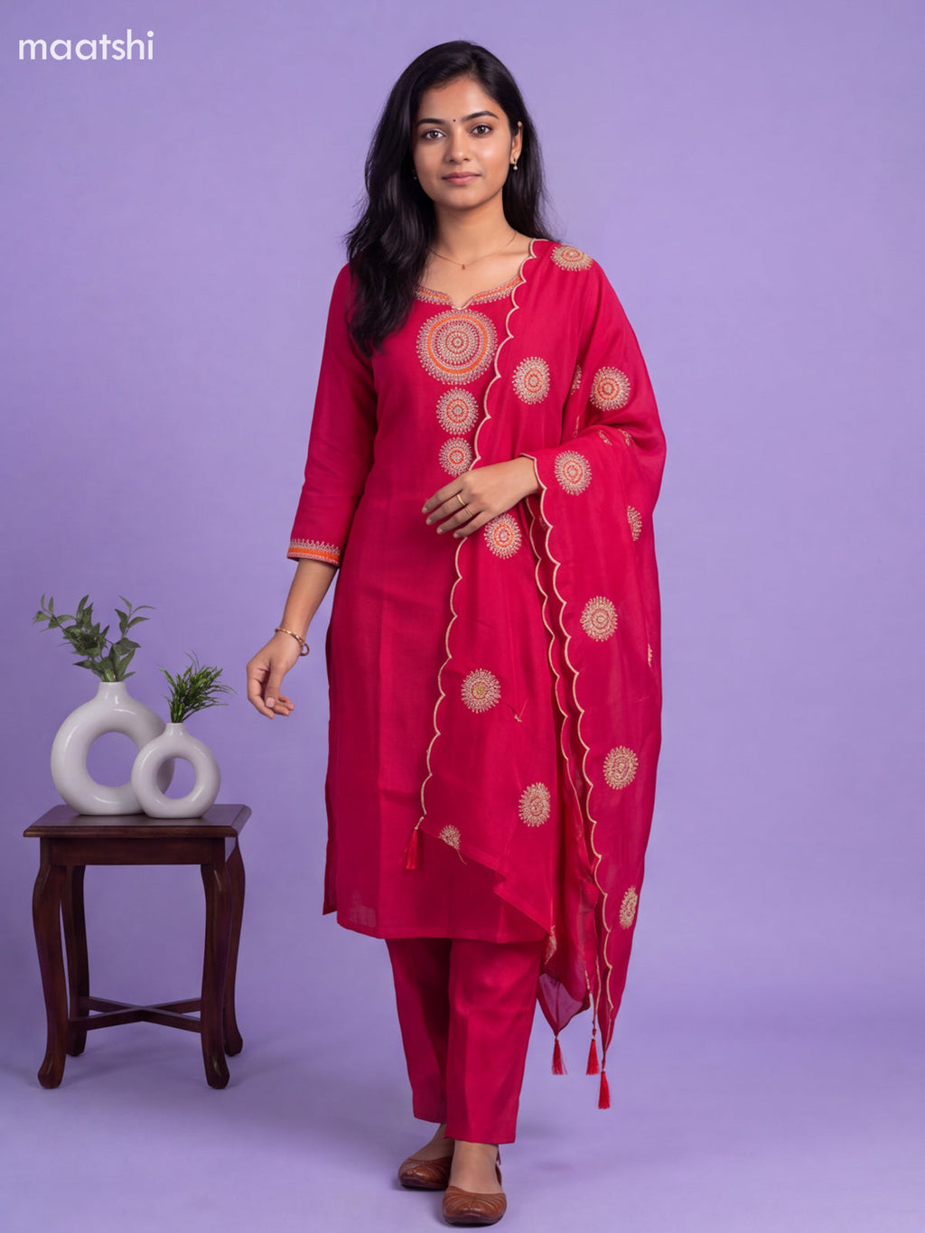 Dark Pink Mul Chanderi Embroidery Work Straight Suit