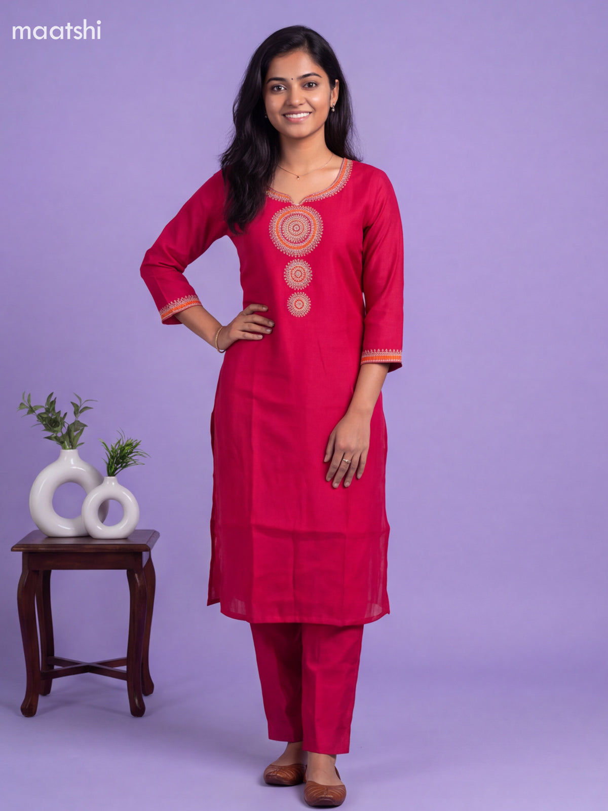Dark Pink Mul Chanderi Embroidery Work Straight Suit