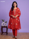 Dark Rust Mul Chanderi Embroidery Work Straight Suit