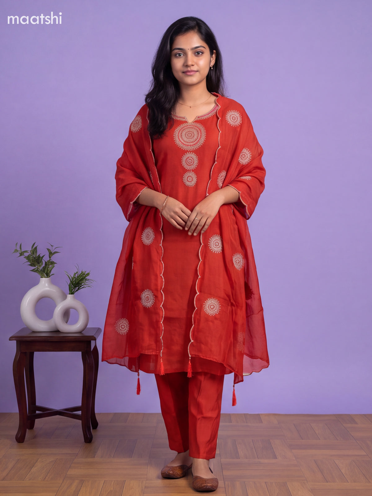 Dark Rust Mul Chanderi Embroidery Work Straight Suit