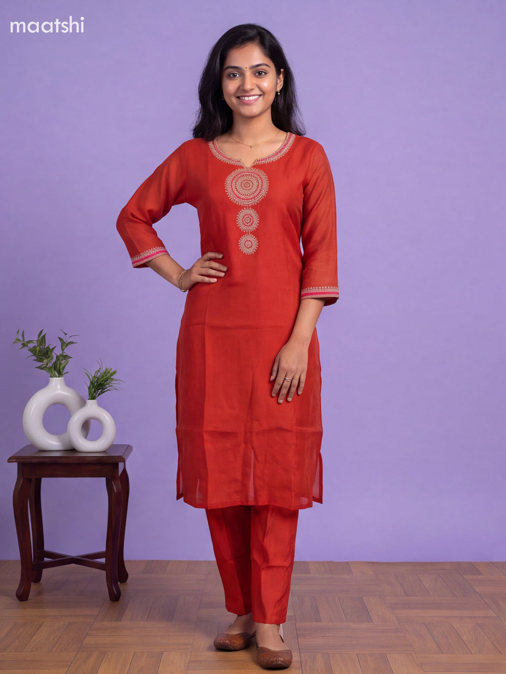 Dark Rust Mul Chanderi Embroidery Work Straight Suit