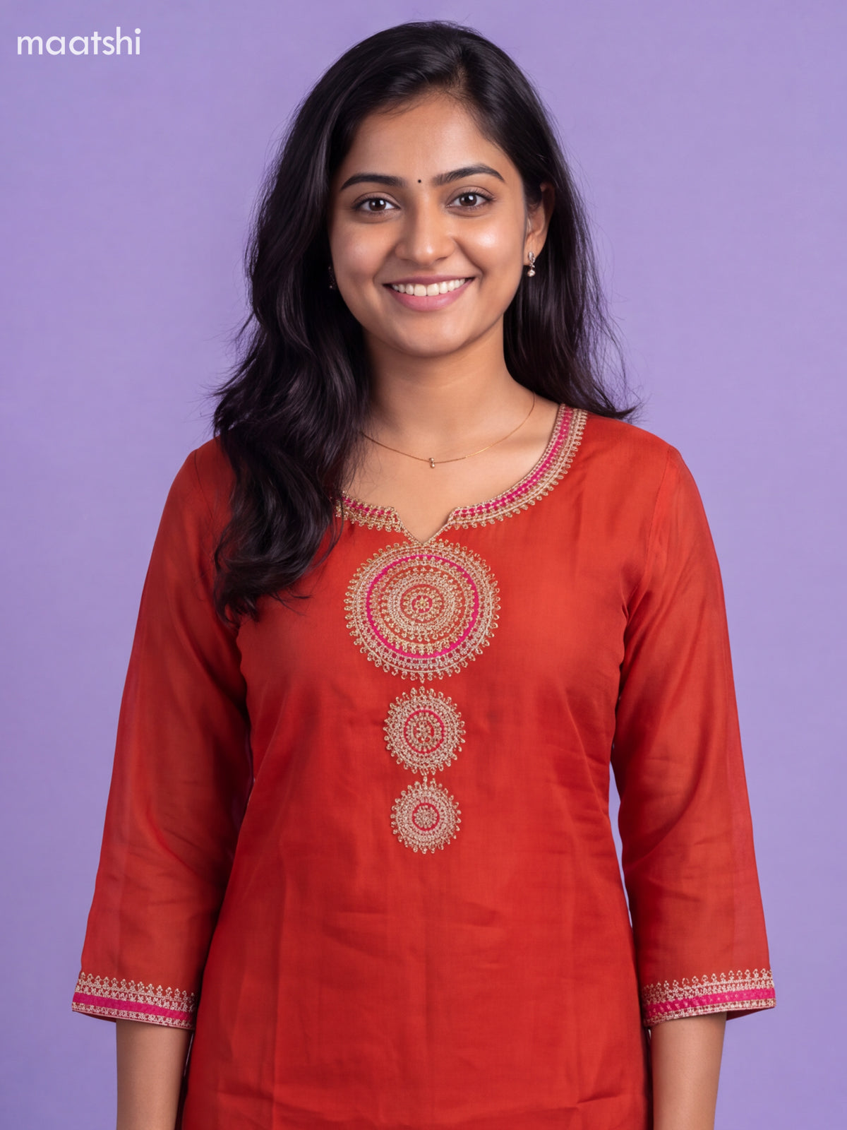 Dark Rust Mul Chanderi Embroidery Work Straight Suit