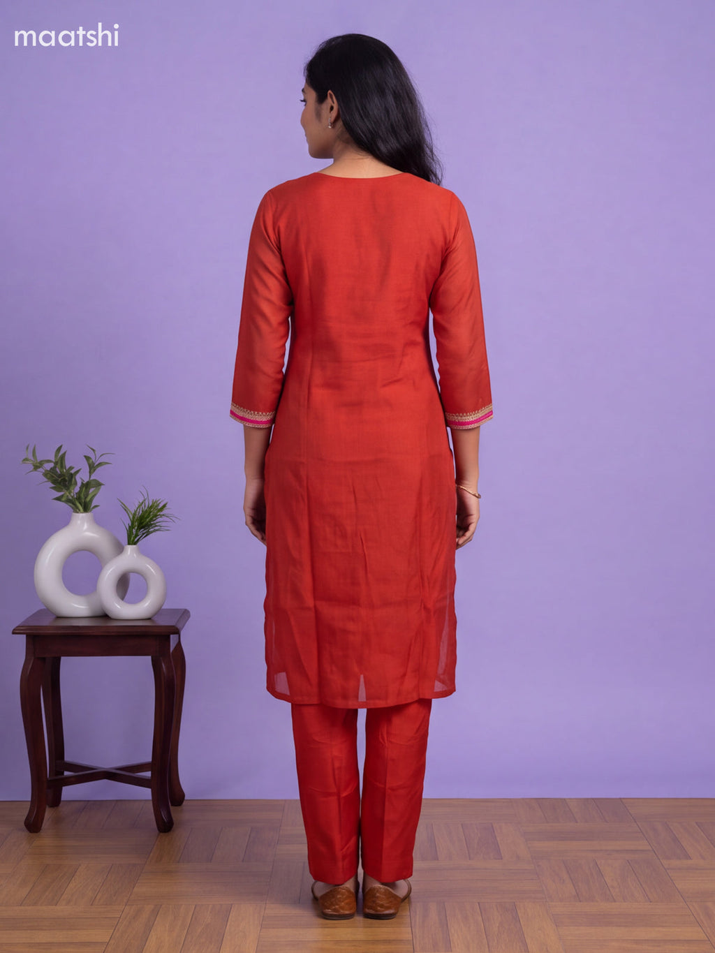 Dark Rust Mul Chanderi Embroidery Work Straight Suit
