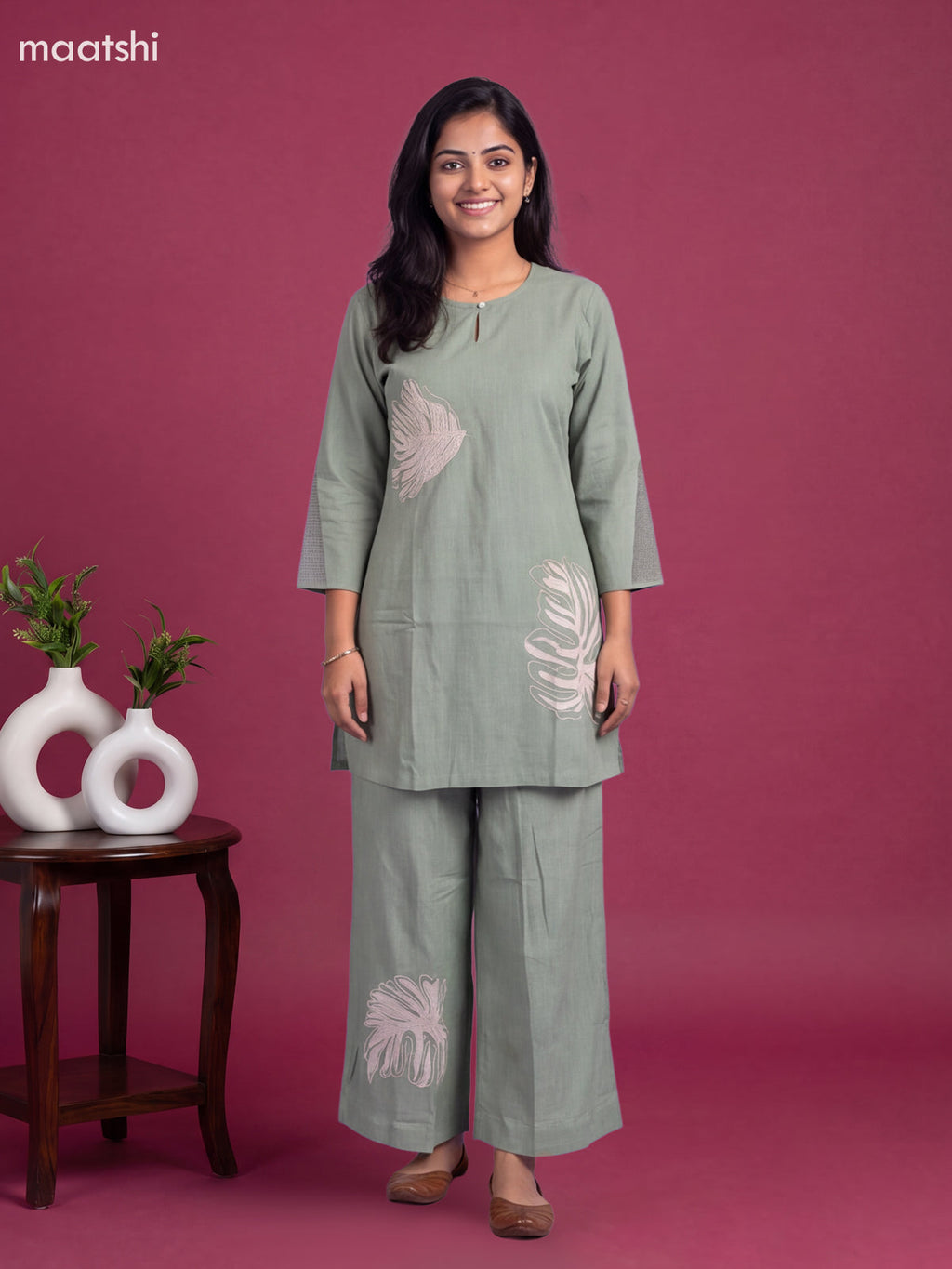 Pastel Green Cotton Floral Embroidery Work Short Co-Ord Set