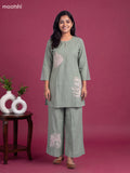Pastel Green Cotton Floral Embroidery Work Short Co-Ord Set