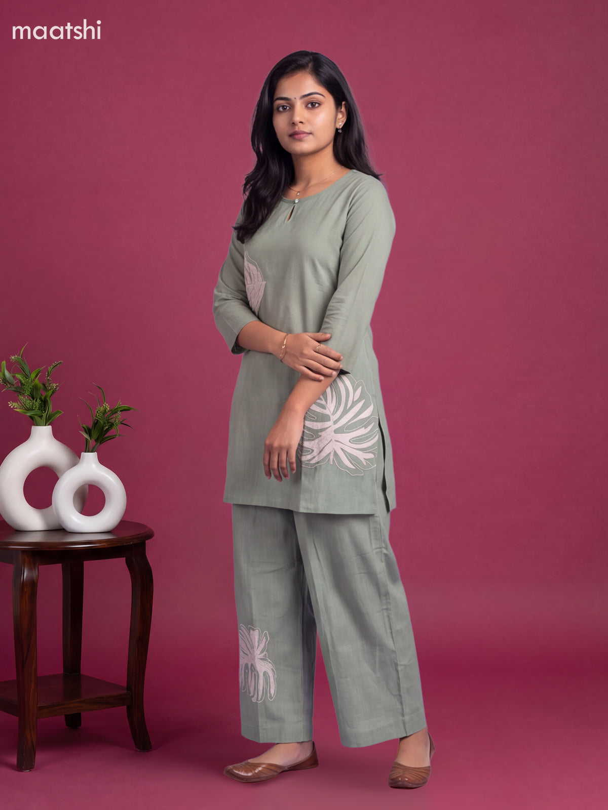Pastel Green Cotton Floral Embroidery Work Short Co-Ord Set