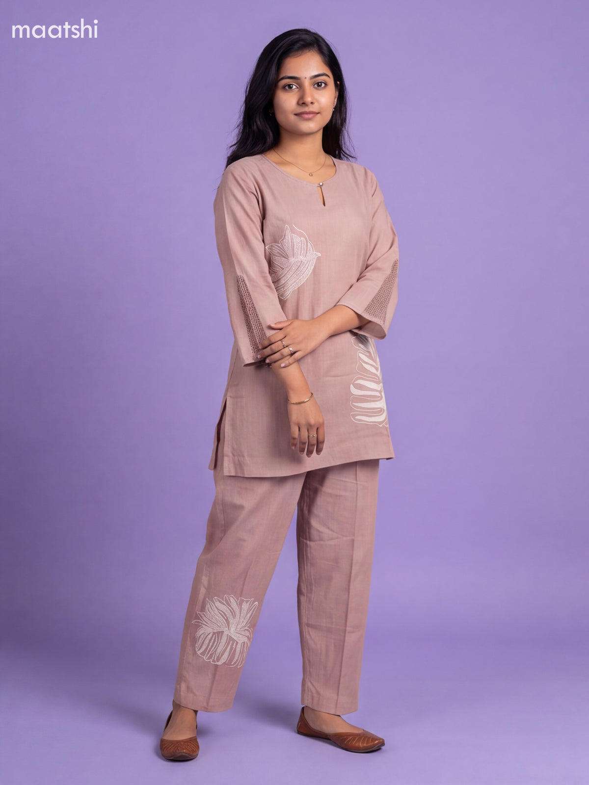 Beige Cotton Floral Embroidery Work Short Co-Ord Set