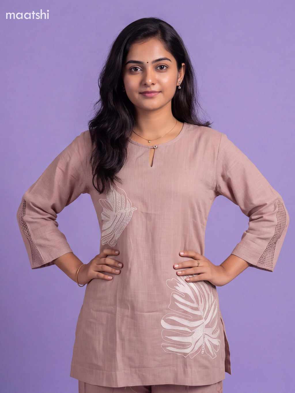 Beige Cotton Floral Embroidery Work Short Co-Ord Set