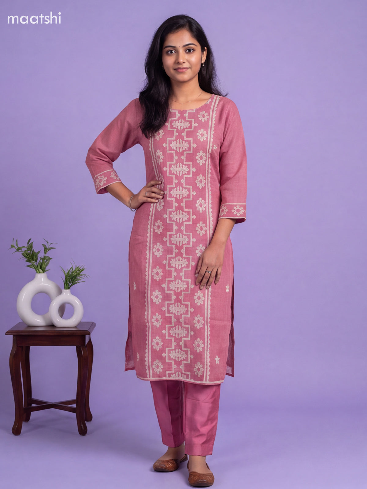 Mauve Pink Tissue Embroidery Work Straight Suit