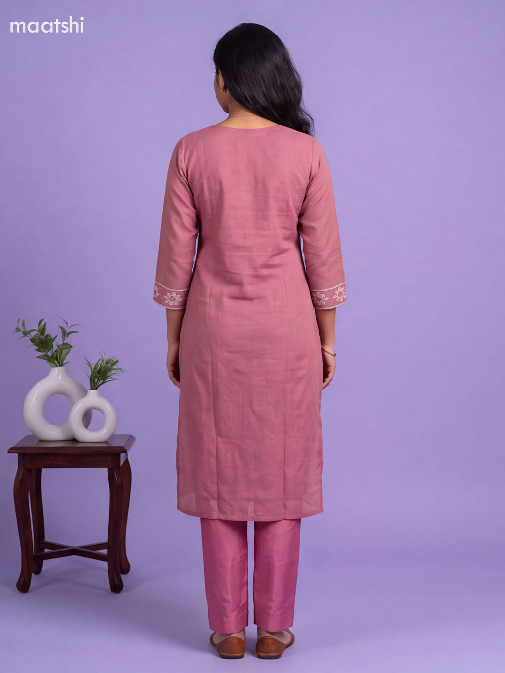Mauve Pink Tissue Embroidery Work Straight Suit