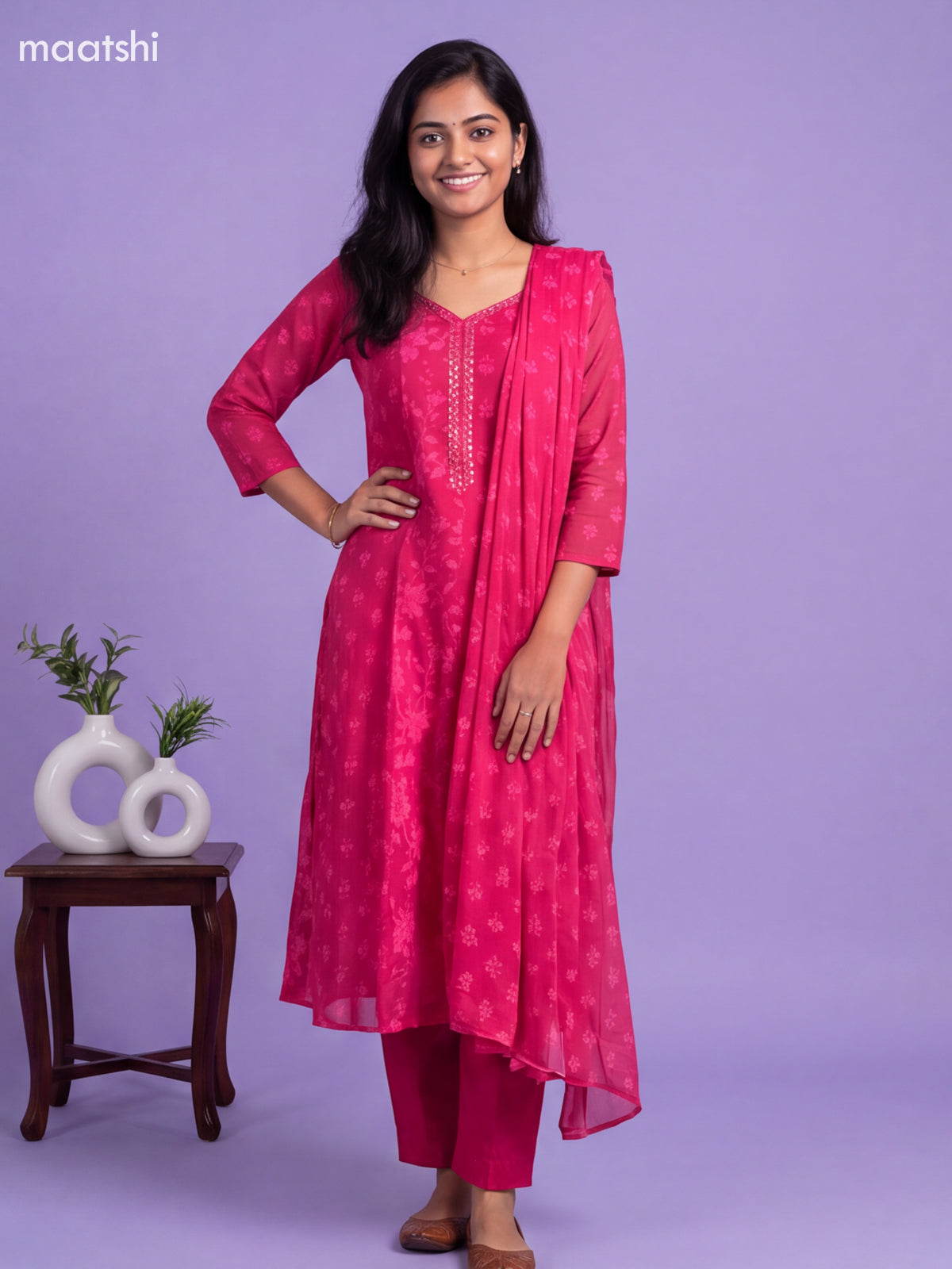 Dark Pink Cotton Floral Printed Anarkali Suit