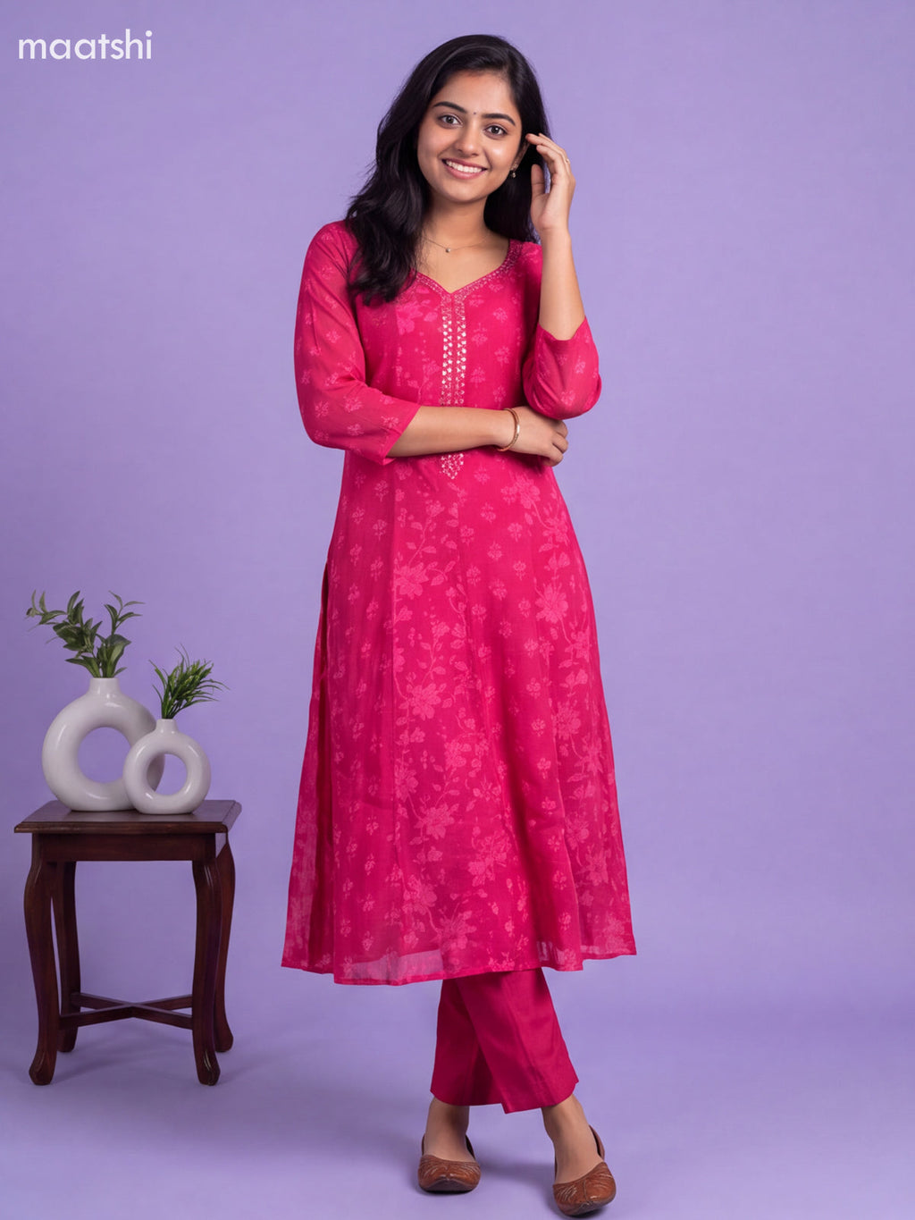 Dark Pink Cotton Floral Printed Anarkali Suit