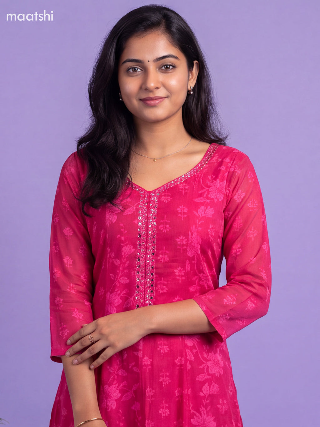 Dark Pink Cotton Floral Printed Anarkali Suit
