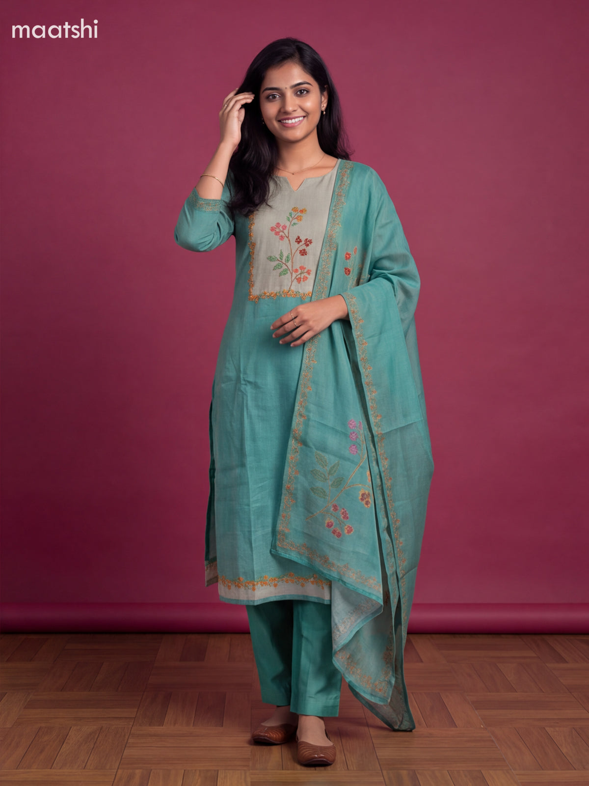 Teal Green Tissue Linen Embroidery Work Straight Suit