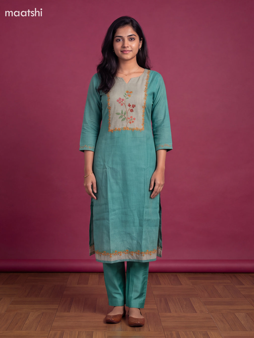 Teal Green Tissue Linen Embroidery Work Straight Suit