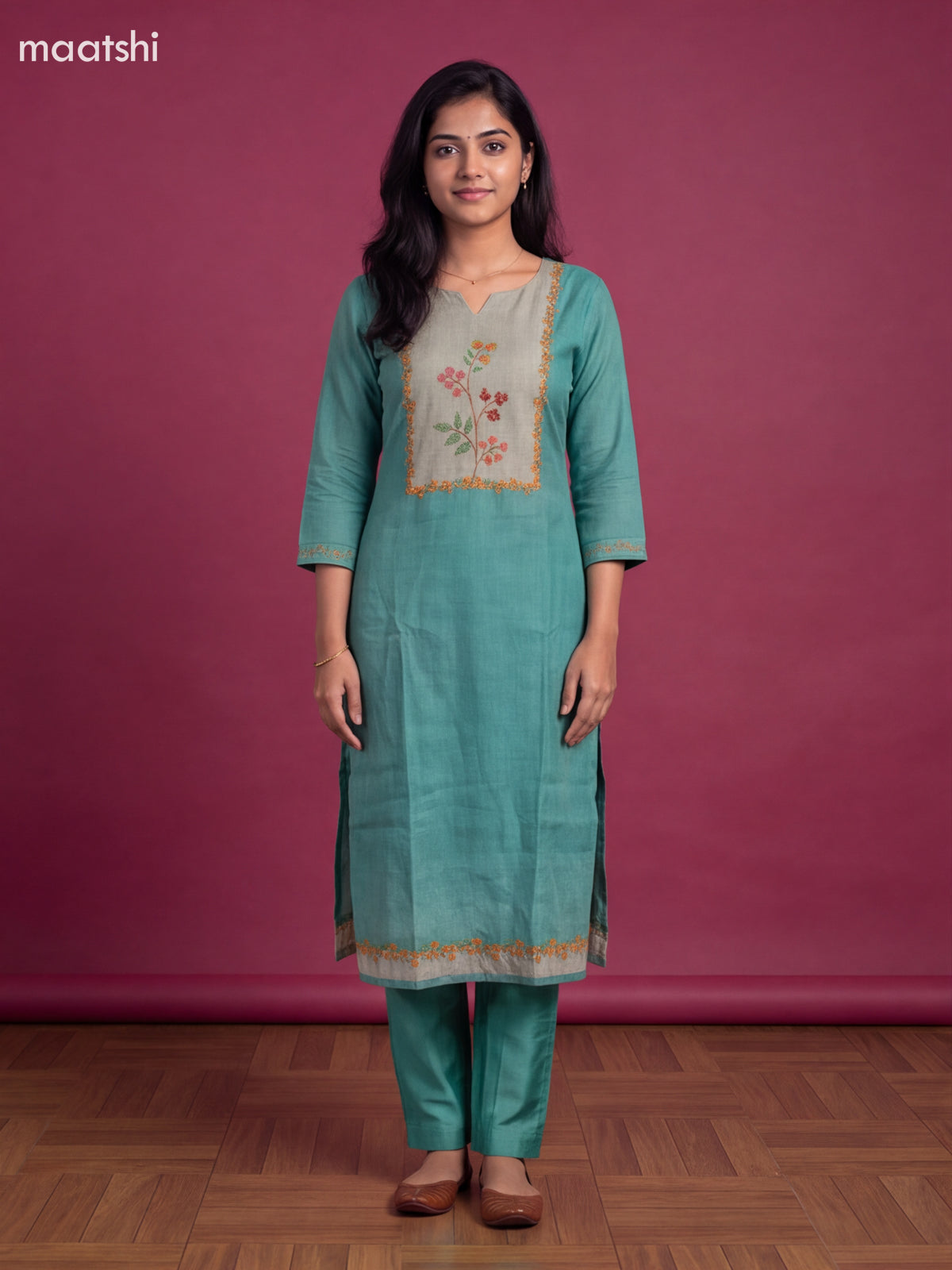 Teal Green Tissue Linen Embroidery Work Straight Suit