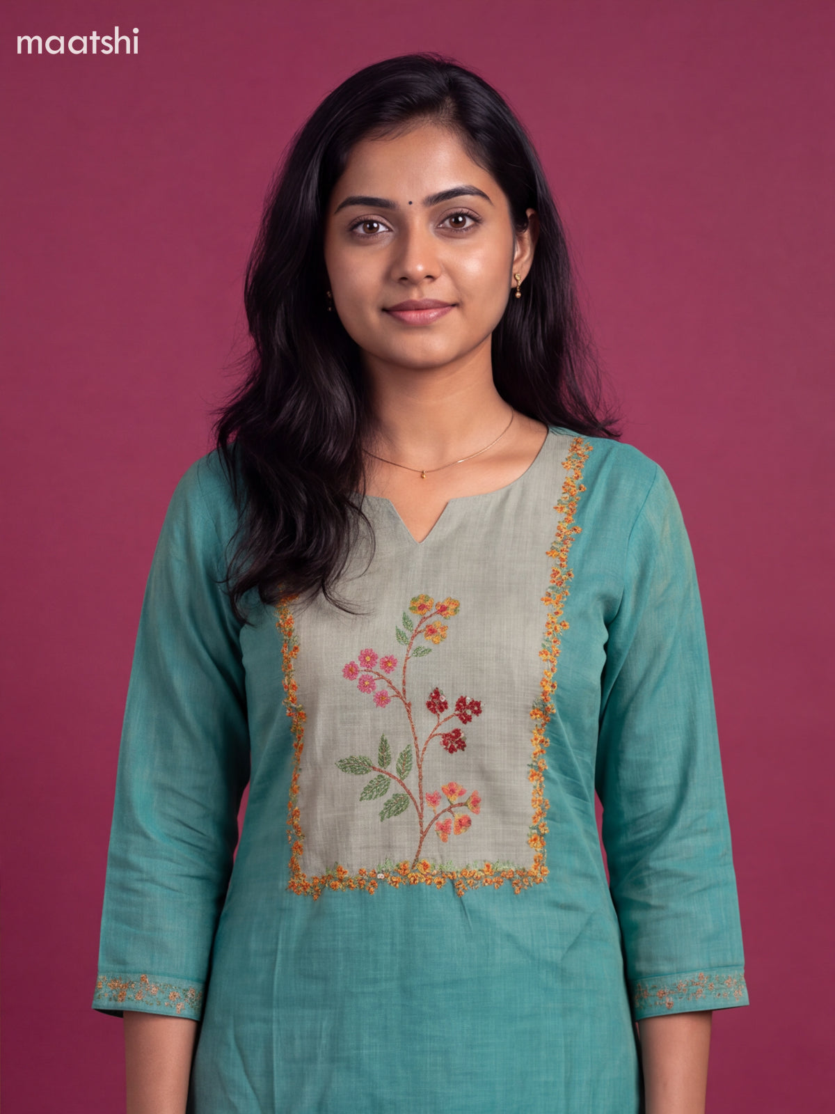 Teal Green Tissue Linen Embroidery Work Straight Suit