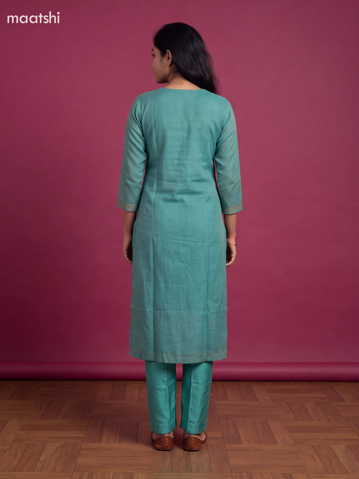 Teal Green Tissue Linen Embroidery Work Straight Suit