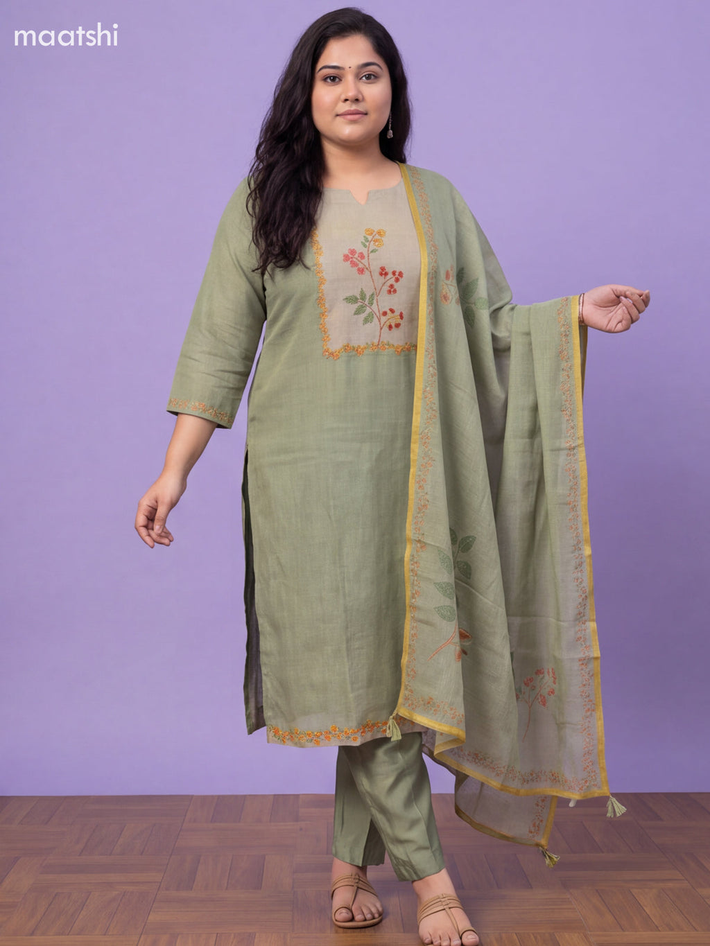 Light Green Tissue Linen Embroidery Work Straight Suit