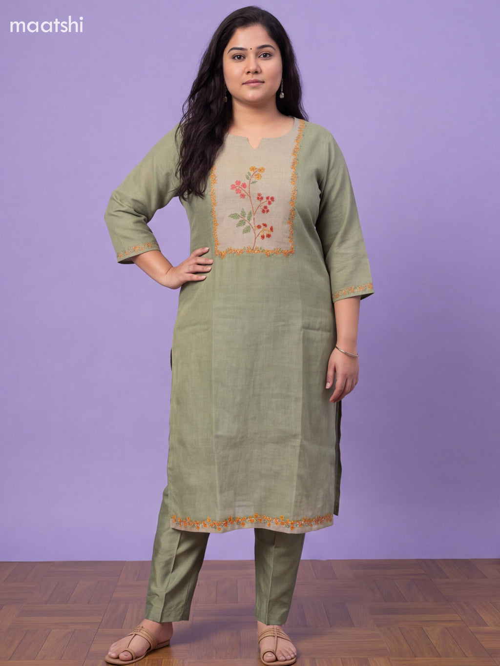 Light Green Tissue Linen Embroidery Work Straight Suit