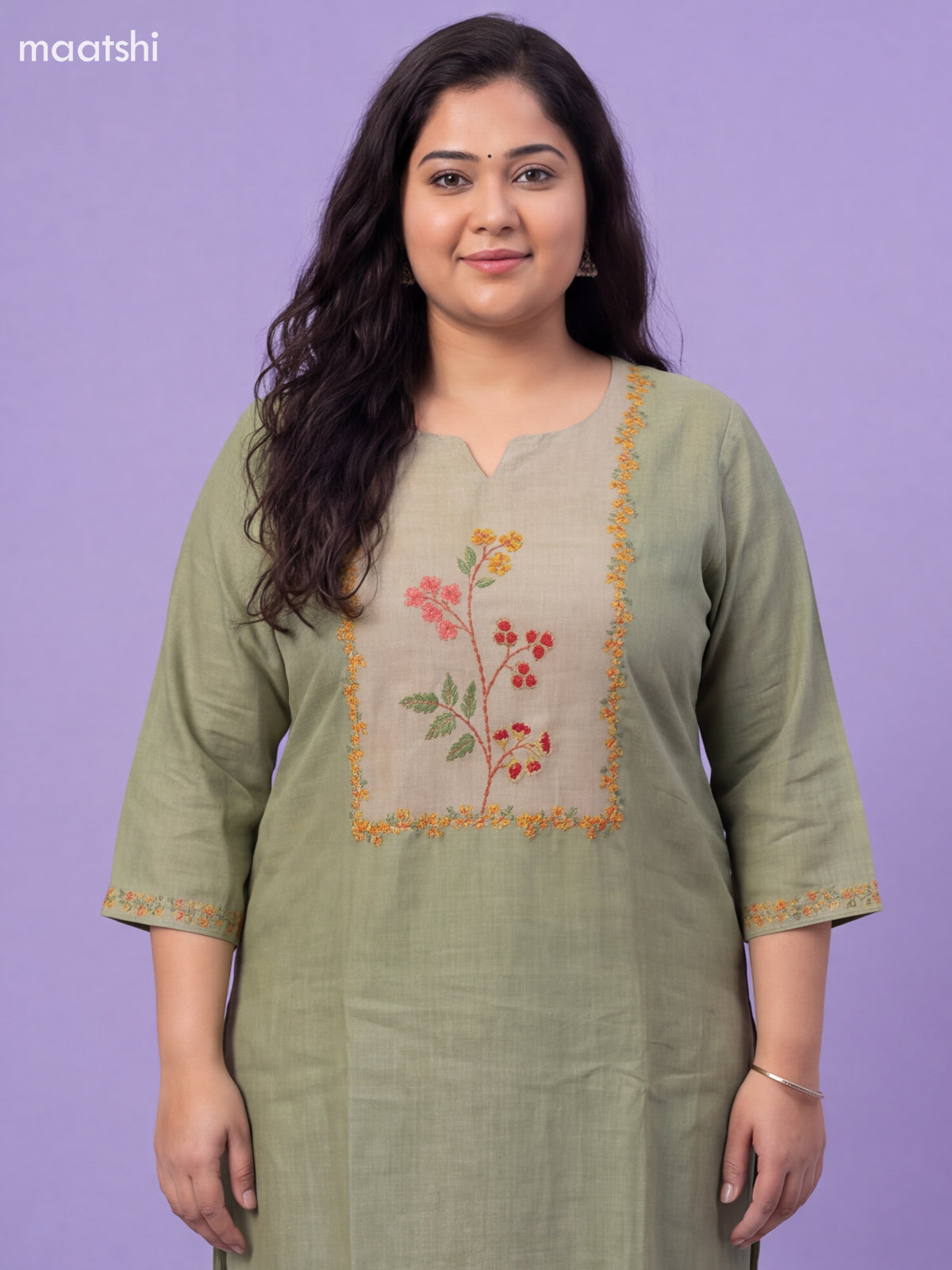 Light Green Tissue Linen Embroidery Work Straight Suit