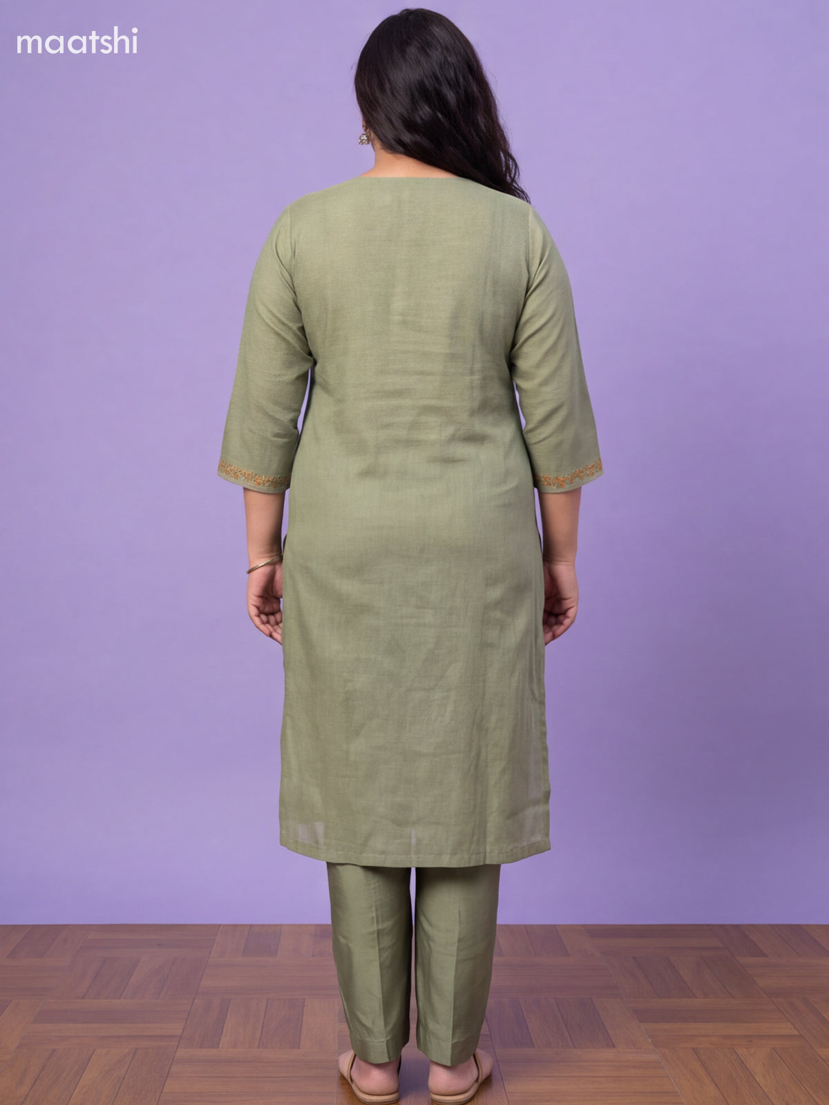 Light Green Tissue Linen Embroidery Work Straight Suit