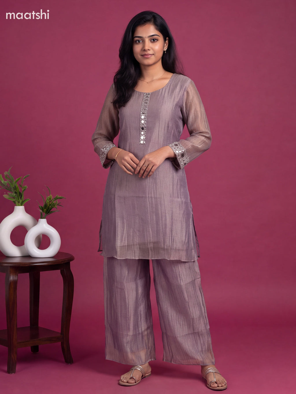 Lavender Tissue Embroidery Work Kurti Set