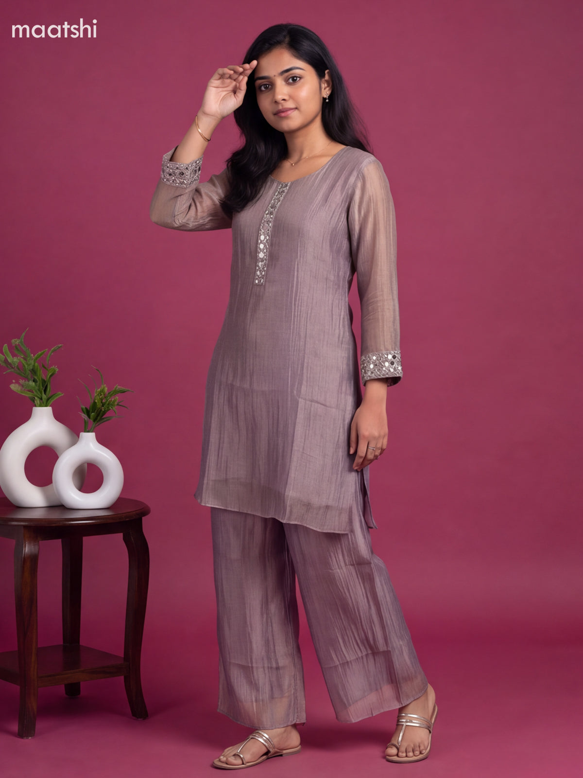 Lavender Tissue Embroidery Work Kurti Set