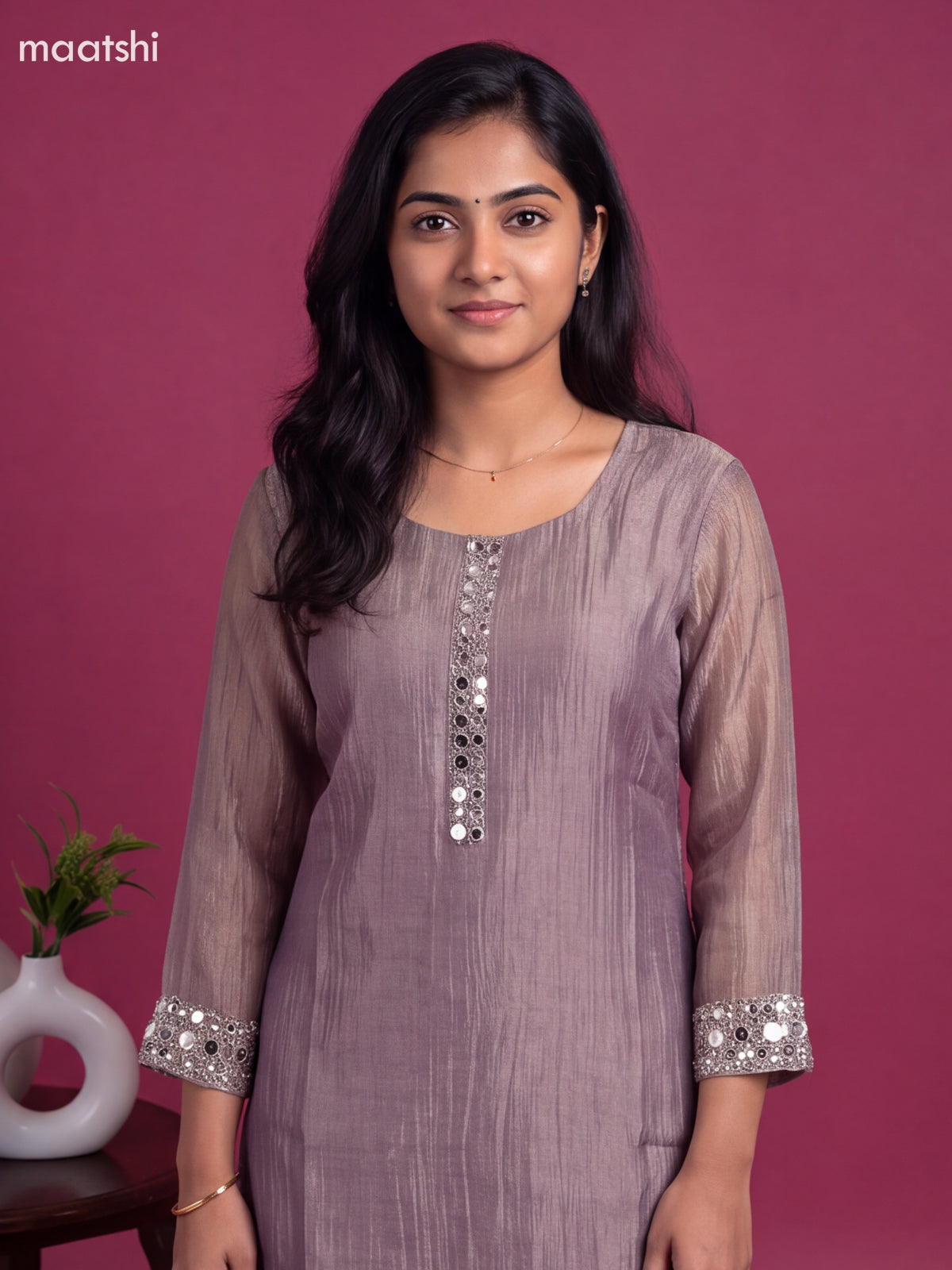 Lavender Tissue Embroidery Work Kurti Set