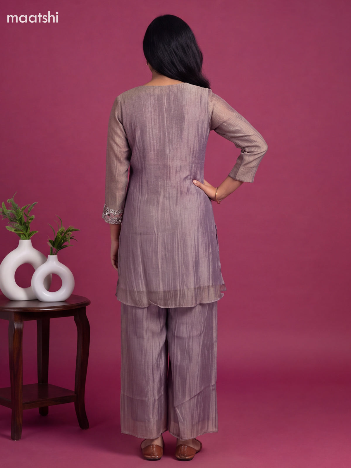 Lavender Tissue Embroidery Work Kurti Set