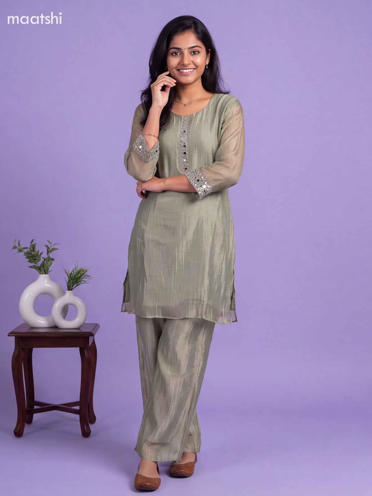 Elaichi Green Tissue Embroidery Work Kurti Set
