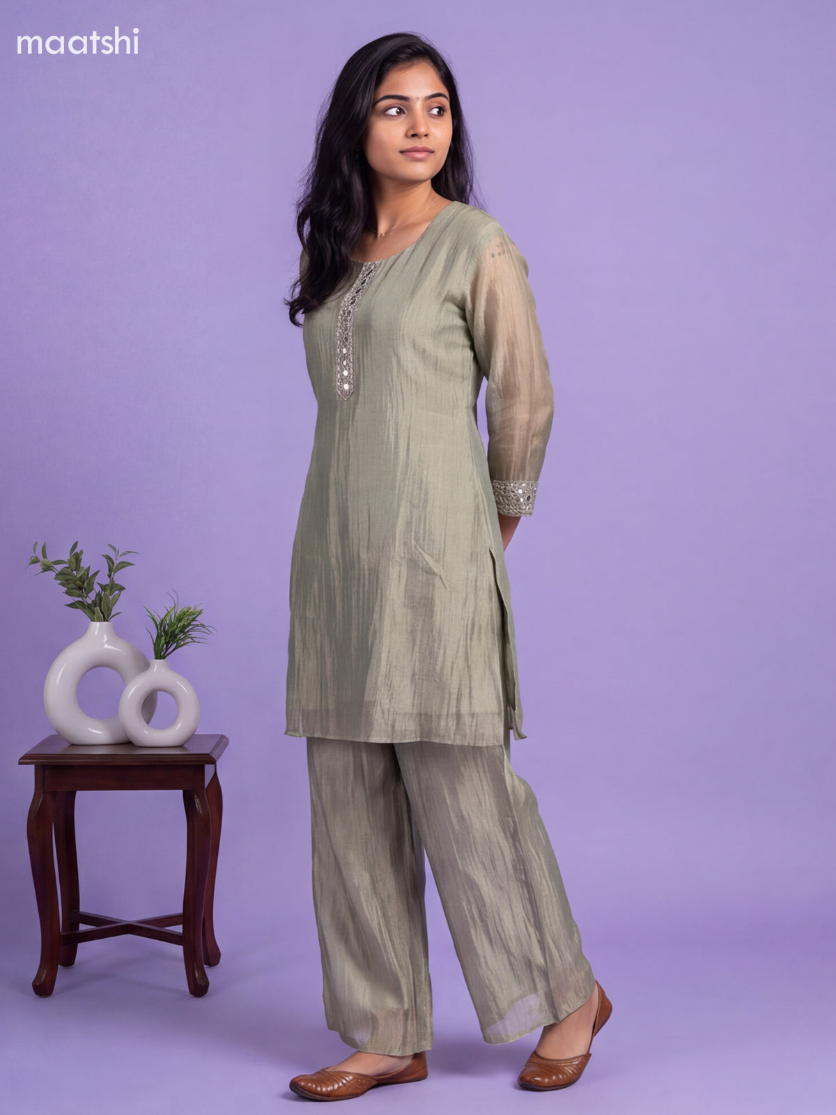 Elaichi Green Tissue Embroidery Work Kurti Set