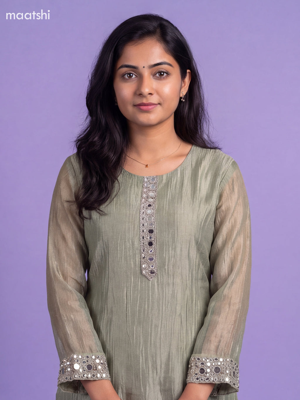 Elaichi Green Tissue Embroidery Work Kurti Set