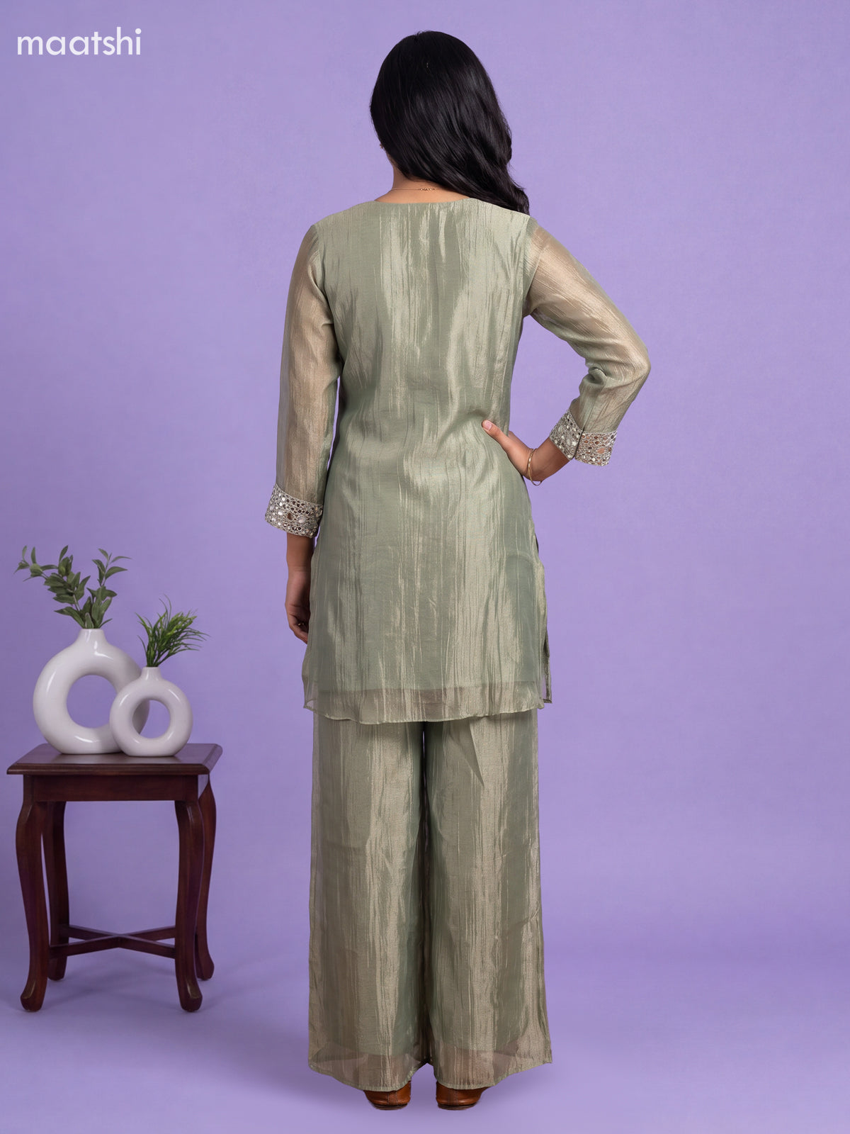 Elaichi Green Tissue Embroidery Work Kurti Set