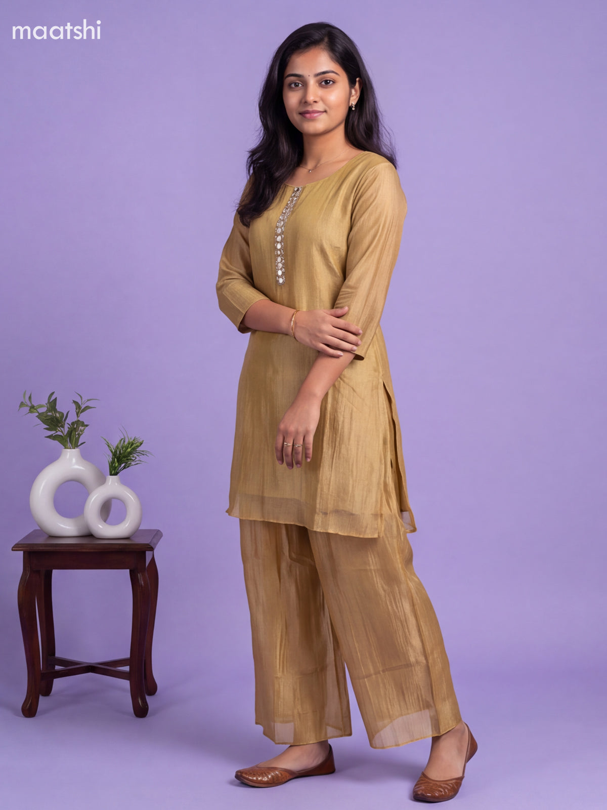 Gold Tissue Embroidery Work Kurti Set