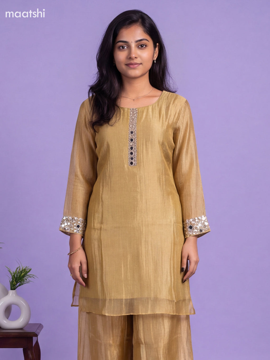 Gold Tissue Embroidery Work Kurti Set
