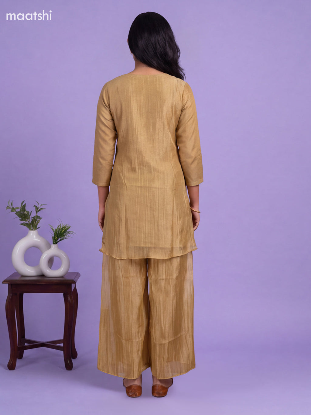 Gold Tissue Embroidery Work Kurti Set