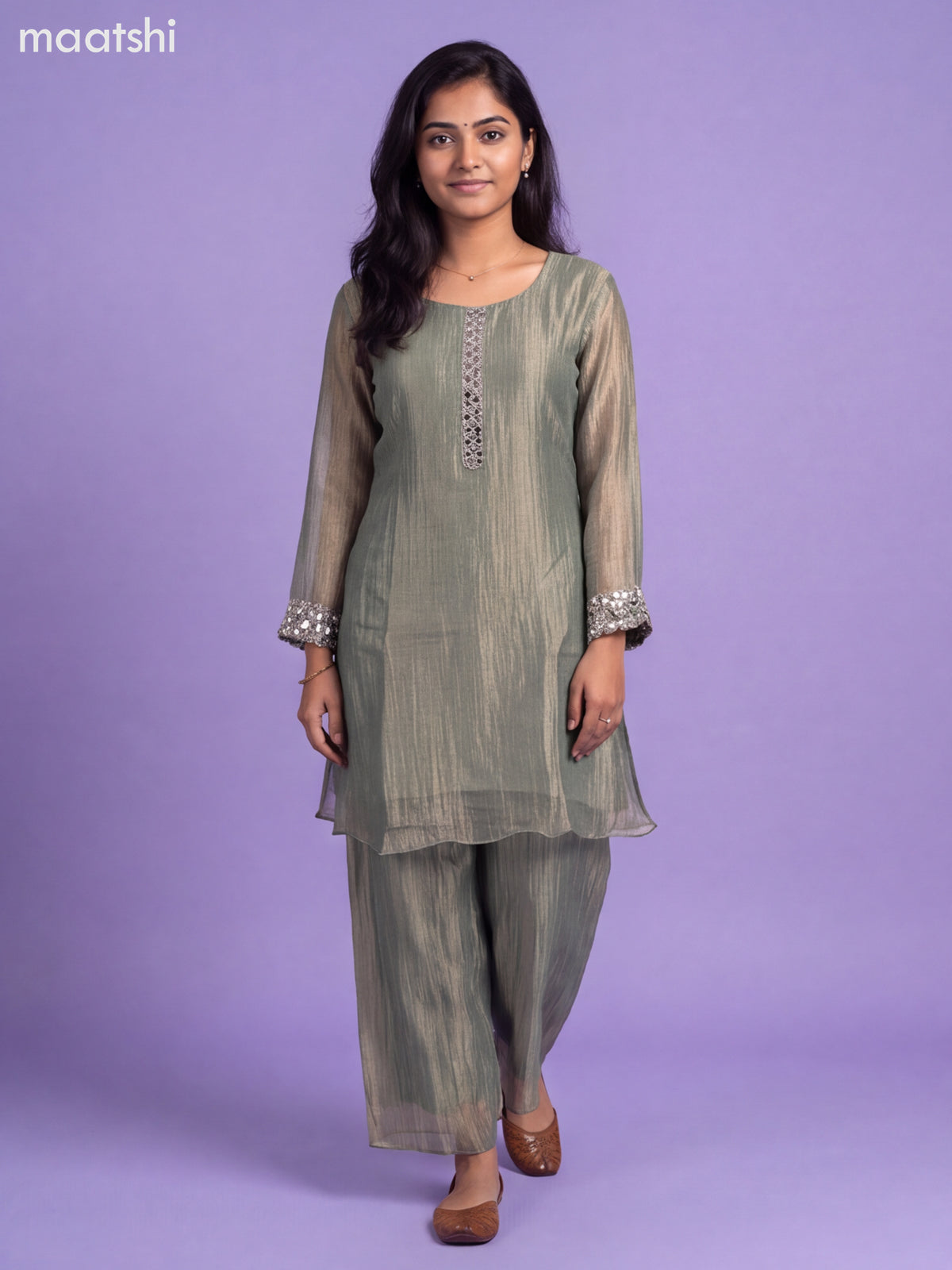 Pastel Green Tissue Embroidery Work Kurti Set