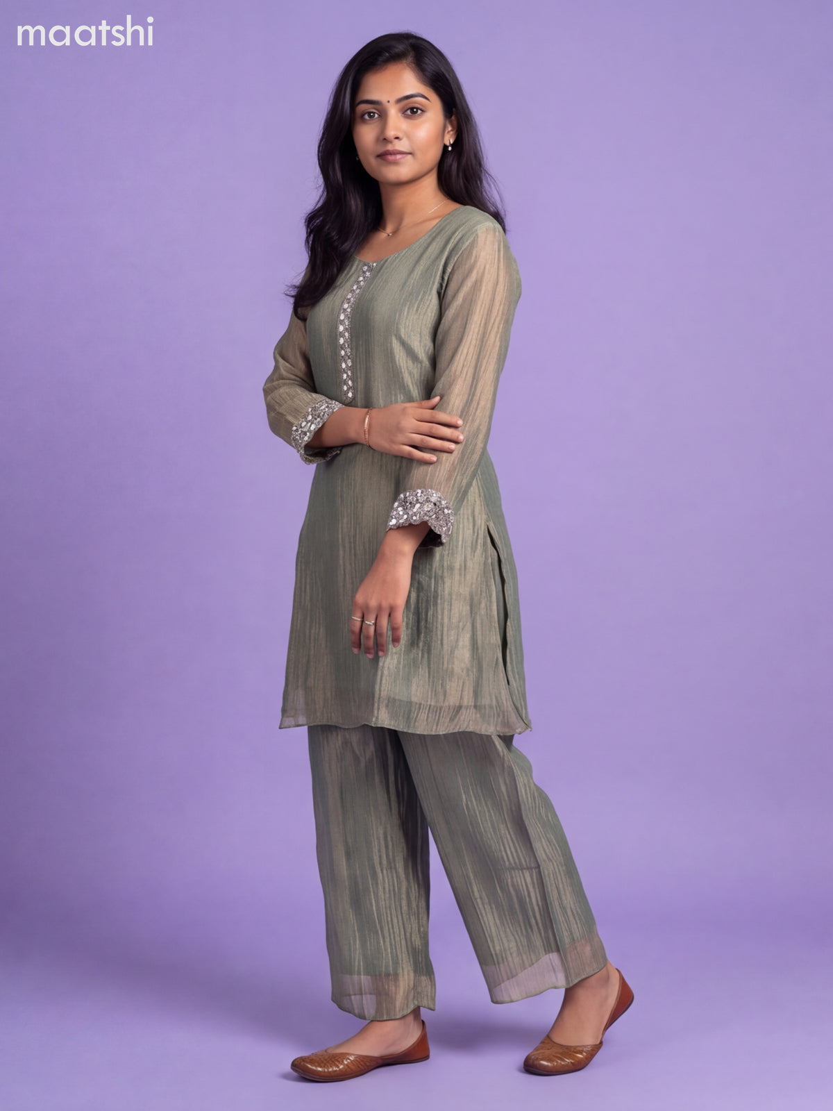 Pastel Green Tissue Embroidery Work Kurti Set
