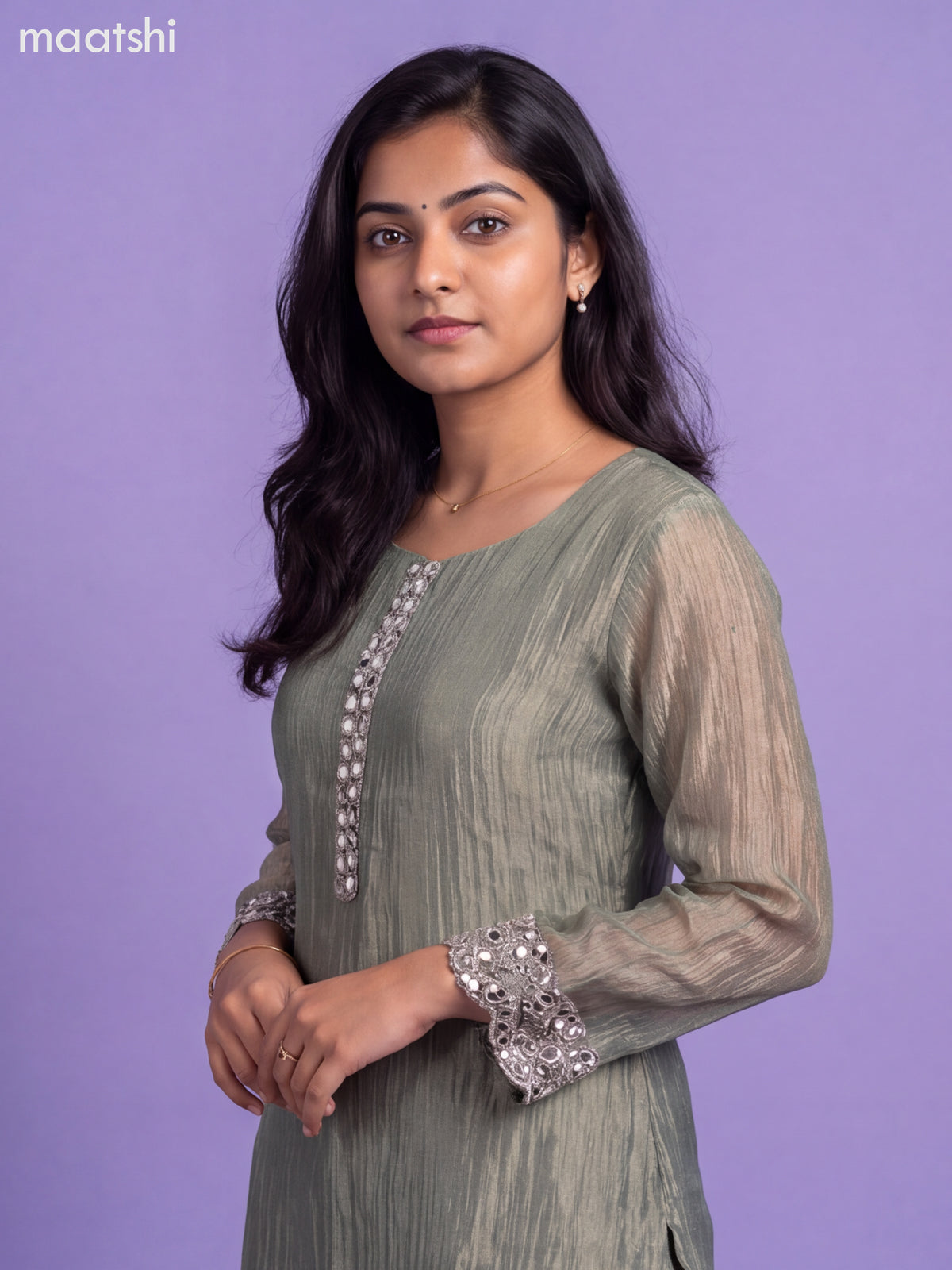 Pastel Green Tissue Embroidery Work Kurti Set