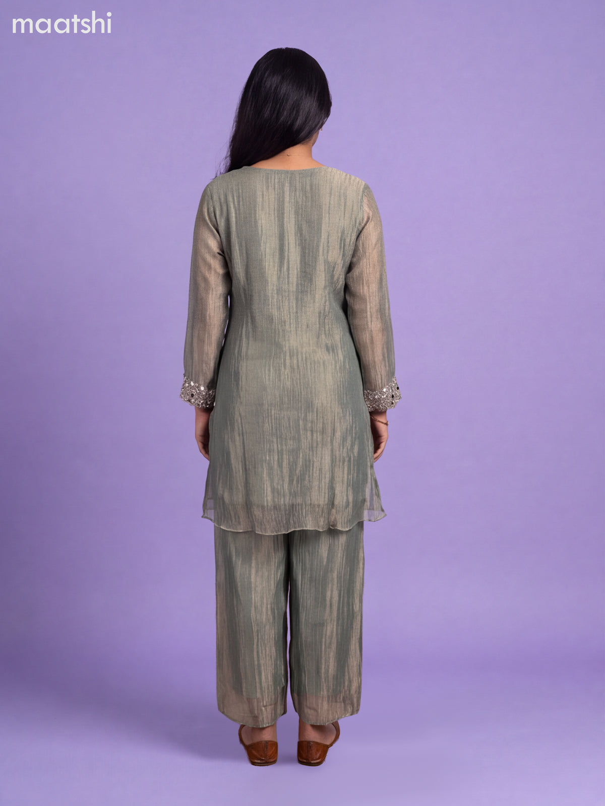 Pastel Green Tissue Embroidery Work Kurti Set