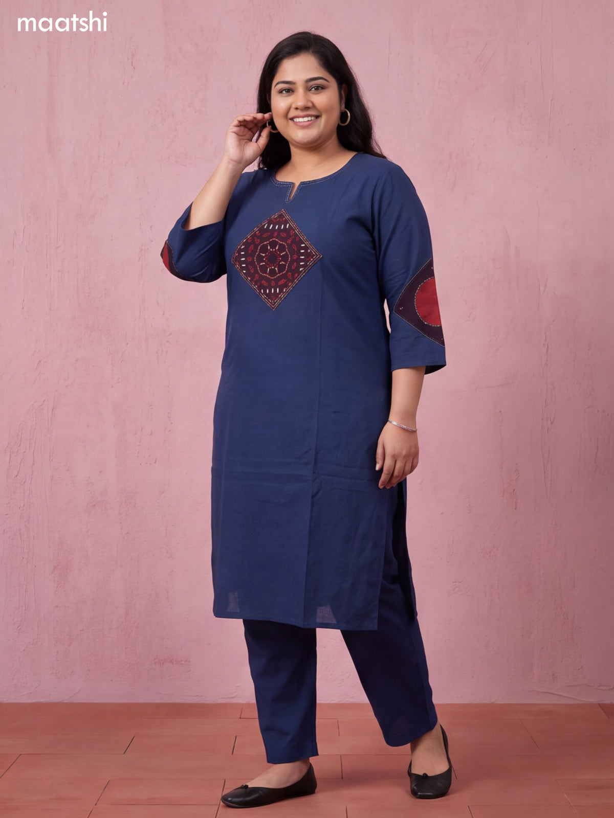 Peacock Blue Cotton Embroidery Work Kurti Set